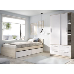 Ensemble de lit enfant avec 2 tiroirs + armoire coloris blanc, chêne naturel