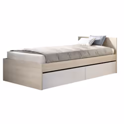 Lit adulte 90X190 cm en panneaux de particules mélaminé coloris chêne naturel, blanc avec 2 tiroirs. Sommier et matelas non i ...