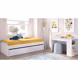 Ensemble de lit gigogne avec tiroir et bureau équipé d'un tiroir et 1 étagère coloris blanc. Fabriqué en panneaux de particul ...
