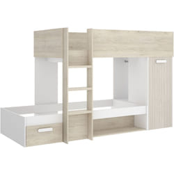 Lit superposé enfant coloris chêne naturel, blanc, imitation lamelles, couchage 90 x190 cm - longueur 245 x profondeur 111 x hauteur 150 cm
