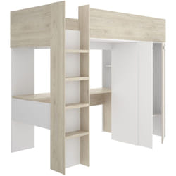 Lit enfant avec bureau et armoire coloris chêne naturel, imitation lamelles, blanc - Longueur 206 x Profondeur 111 x Hauteur 177 cm
