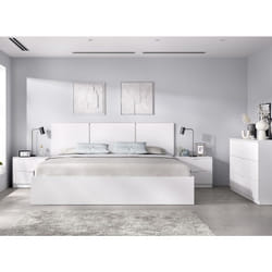 Ensemble de tête de lit + lot de 2 tables de chevet avec 2 tiroirs + structure de lit + commode coloris blanc