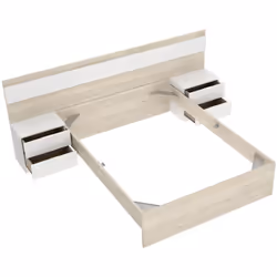 Tête de lit + 2 tables de chevet, Structure de lit 140 x 190 cm coloris chêne naturel, blanc . Dimensions : longueur 248 x pr ...