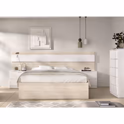 Tête de lit avec 2 tables de chevet , Structure de lit 140x190 cm et commode équipée de 5 tiroirs fabriqué en panneaux de par ...