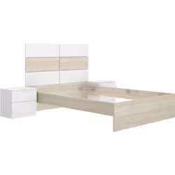 Tête de lit avec 2 tables de chevet , Structure de lit 140x190 cm coloris chêne naturel, blanc. Dimensions : longueur 258 x p ...