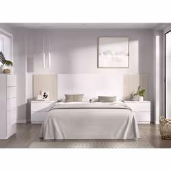 Ensemble de Tête de lit avec 2 tables de chevet avec 2 tiroirs chacune et commode haute avec 5 tiroirs coloris imitation lame ...