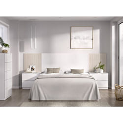 Ensemble de Tête de lit avec 2 tables de chevet de 2 tiroirs et commode haute avec 5 tiroirs coloris imitation lamelles, blanc