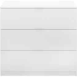 Commode, meuble de rangement équipée de 3 tiroirs avec guides métalliques en bois mélaminé coloris blanc. Les pieds en ABS él ...