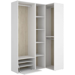 Ensemble dressing d'angle avec portes à chaussures et fond d'arrière réversible coloris chêne naturel, blanc - Longueur 1445 x Profondeur 79 x