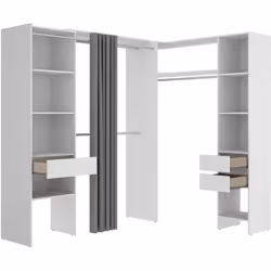 Kit armoire dressing d'angle extensible, fabriquée en bois mélaminé coloris blanc. Composé de 2 meubles, placés côte à côte d ...