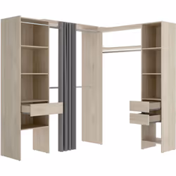 Kit armoire dressing d'angle extensible, fabriquée en bois mélaminé coloris chêne naturel. Composé de 2 meubles, placés côte ...