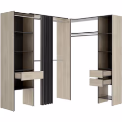 Kit armoire dressing d'angle extensible, fabriquée en bois mélaminé coloris chêne naturel,graphite. Composé de 2 meubles, pla ...