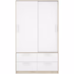 Armoire, meuble de rangement en bois mélaminé avec 2 portes coulissantes et 4 tiroirs coloris chêne naturel, blanc. Dimension ...