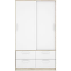 Armoire, meuble de rangement en bois mélaminé avec 2 portes coulissantes et 4 tiroirs coloris chêne naturel, blanc - Longueur 120 x Profondeur 60 x