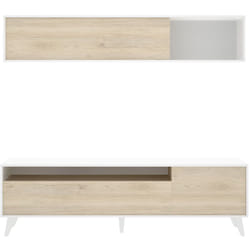 Ensemble de salon en bois mélaminé avec meuble bas tv + étagère haute coloris chêne naturel, blanc