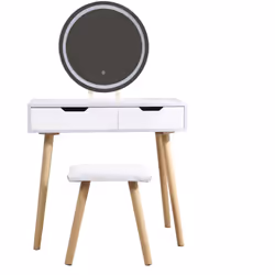 Coiffeuse 2 tiroirs avec tabouret coloris blanc et miroir LED Miroir LED : intensité réglable, 3 niveaux de luminosité. LED c ...