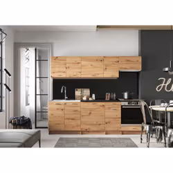 Cuisine complète composée de 8 meubles avec façades couleur chêne Artisan (épaisseur 16mm). Meuble structure et plinthes coul ...
