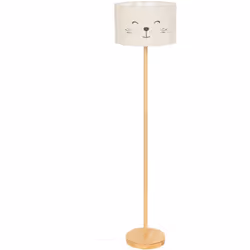 Ce lampadaire possède un pied en bois qui soutient un abat-jour cylindrique en forme de tête de chat. Votre enfant craquera p ...