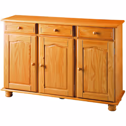 Buffet en pin massif coloris miel de 3 portes et 3 tiroirs Livé en kit Dimensions : Longueur 130 x Profondeur 42 x Hauteur 86 ...