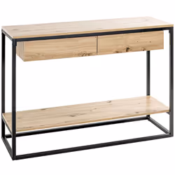 Meuble console, table console en tube d'acier laqué noir, avec 2 tiroirs et plateaux en MDF décor chêne. Dimensions : longueu ...