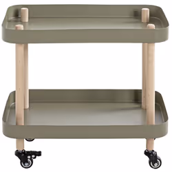 Chariot de service, desserte avec structure en bois massif naturel, composé des étagères en métal laqué vert, sur roulettes.  ...