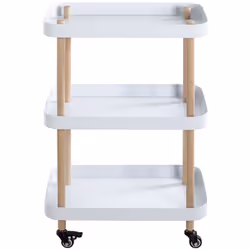 Chariot de service, desserte avec structure en bois massif naturel, avec étagères en métal laqué blanc sur roulettes. Dimensi ...