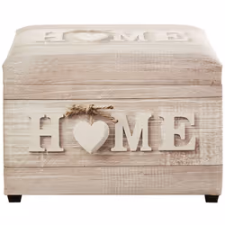 Coffre de rangement en MDF recouvert simili cuir Motif imprimé "Home", avec assise rembourrée et rabattable. Dimensions : lon ...