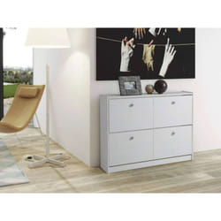 Meuble à chaussures, commode à chaussures avec 2 portes abattantes en pin massif coloris blanc - Longueur 110 x Profondeur 23 x Hauteur 80 cm