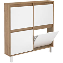 Meuble à chaussures, commode à chaussures avec 4 portes coloris chêne, blanc - Hauteur 110 x Longueur 110 x profondeur 20 cm
