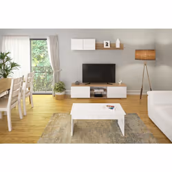 Ensemble de salon, ensemble de séjour coloris chêne, blanc. Composé d'un meuble bas équipé de 2 portes et 2 compartiments et  ...