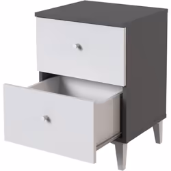 Table de chevet, table de nuit équipée de 2 tiroirs de rangement coloris gris, blanc. Fabriquée avec des panneaux de particul ...