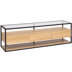 Meuble TV avec 3 tiroirs en bois coloris naturel et plateau en verre transparent. A monter soi-même. Dimensions : Longueur 16 ...