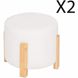 Lot de 2 tabourets d'appoints fabriqués en tissu coloris blanc avec pieds en bambou coloris naturel. Dimensions : diamètre 37 ...