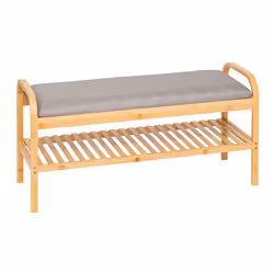 Banc à chaussures, meuble à chaussures en bois coloris naturel et coussin polyester. Capacité pour 4 paires. A monter soi-mêm ...