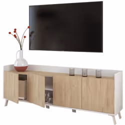 Meuble TV, meuble de salon équipé de 4 portes coloris blanc, chêne. Ce grand meuble TV est conçu pour accueillir un téléviseu ...