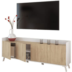 Pegane - Meuble tv, meuble de salon avec 4 portes coloris blanc, chêne - Hauteur 63 x Longueur 180 x profondeur 33 cm