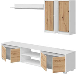 Ensemble de salon ( meuble tv, 2 meubles hauts, étagère murale) coloris chêne nordique, Blanc artik