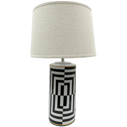 Pegane - Lampe à poser, lampadaire droit en lin coloris blanc et pied en céramique - diamètre 28 x hauteur 50 cm