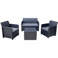 Salon de Jardin de 4 places en résine recyclée. Composé de 2 fauteuils, un canapé et une table basse coffre pour les coussins ...