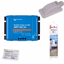 Le kit de pose en blister contient : • Le régulateur solaire MPPT30A Victron Energy • Un passe-toit étanche • Une cartouche D ...