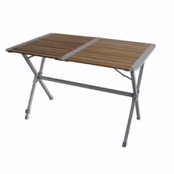 Table avec châssis pliant en aluminium et lamelles en bambou enroulables. Le renfort central permet une meilleure stabilité d ...