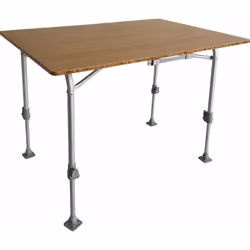 Table avec plateau en bambou naturel et armature en aluminium. Avec 4 pieds anti-enfoncement réglables en hauteur. Elle se pl ...