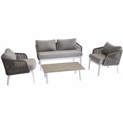 Apportez une notre de fraîcheur et d'élégance à votre terrasse avec ce salon de jardin pour quatre personnes. Sa structure en ...