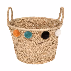 Panier en roseau avec pompons - Diamètre 40 cm - Beige