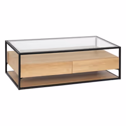 Table basse 2 tiroirs effet bois et verre ALDEA - Beige