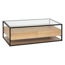 Table basse 2 tiroirs effet bois et verre ALDEA - Beige