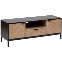 Meuble TV 2 portes et 1 tiroir en bois et métal CHEVRONS - Beige et noir