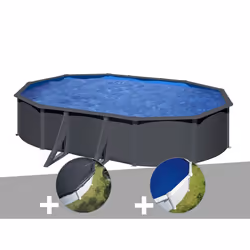 Kit piscine acier gris anthracite Gré Louko ovale 5,27 x 3,27 x 1,22 m + Bâche d'hivernage + Bâche à bulles
