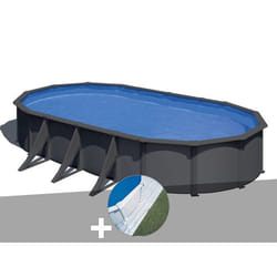 Kit Piscine Acier Gris Anthracite Gré Louko Ovale 7,44 X 3,99 X 1,22 M + Tapis De Sol