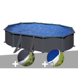 Kit piscine acier gris anthracite Gré Juni ovale 5,27 x 3,27 x 1,32 m + Bâche d'hivernage + Bâche à bulles